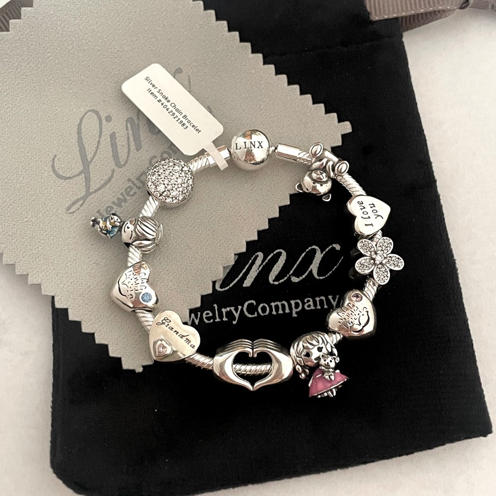 Linx Silver Snake Chain Bracelet with Grandma and Grandchildren Themed Charms